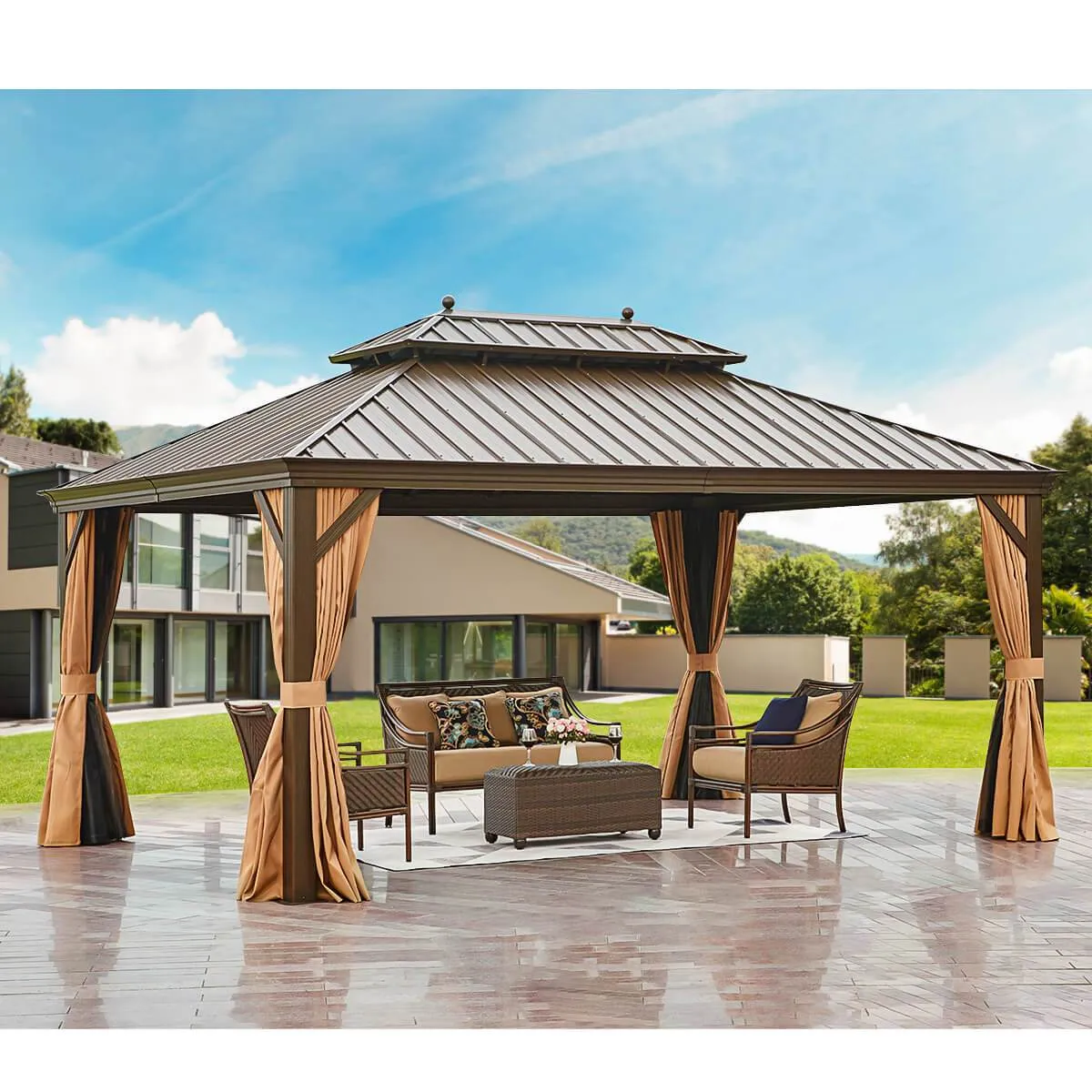 12'x16' Hardtop Gazebo Galvanized Steel Double-Roof Pergola w/ Netting Curtain