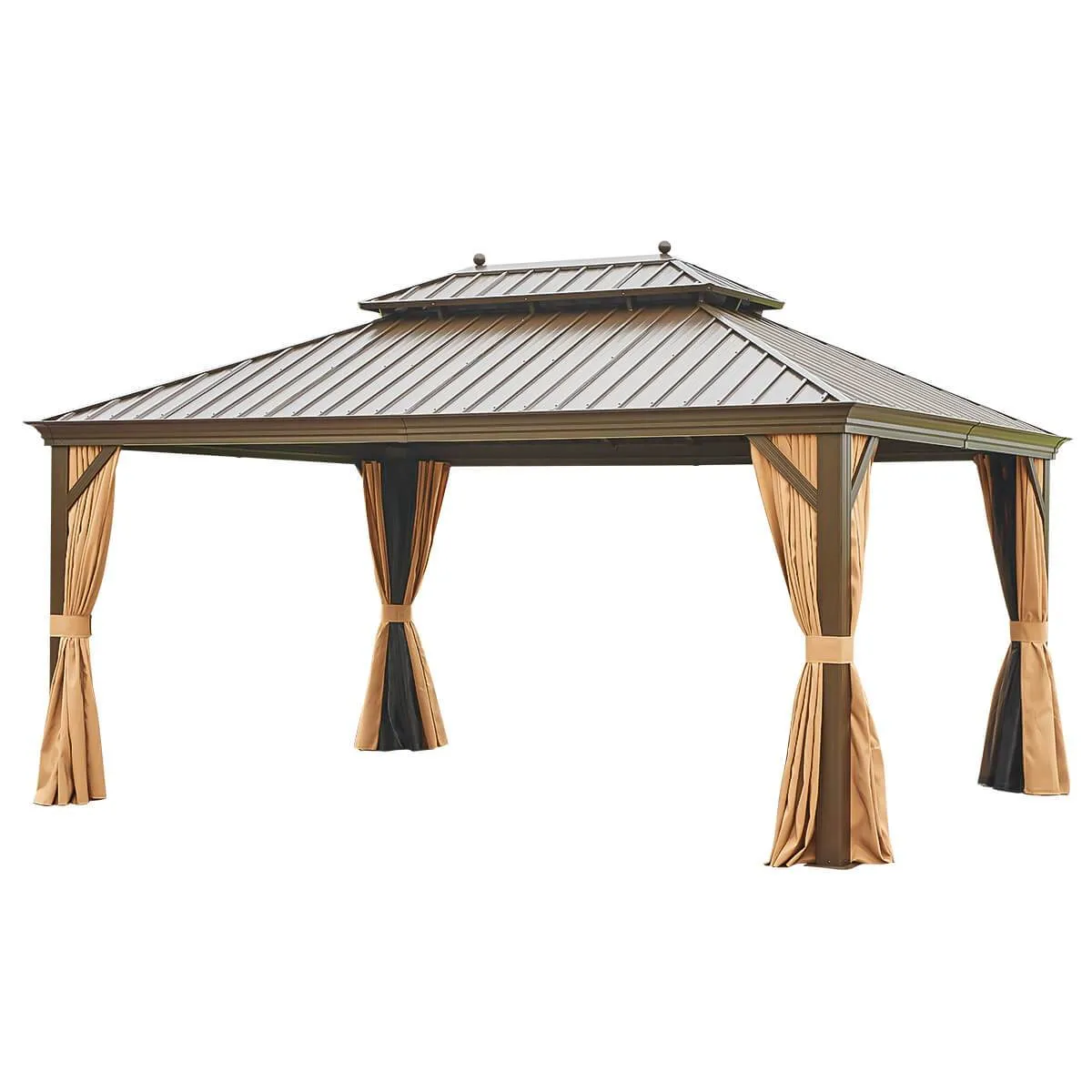 12'x16' Hardtop Gazebo Galvanized Steel Double-Roof Pergola w/ Netting Curtain