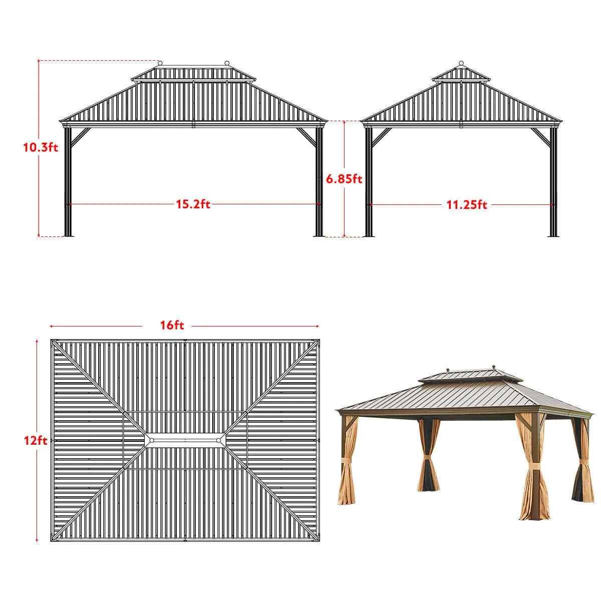 12'x16' Hardtop Gazebo Galvanized Steel Double-Roof Pergola w/ Netting Curtain