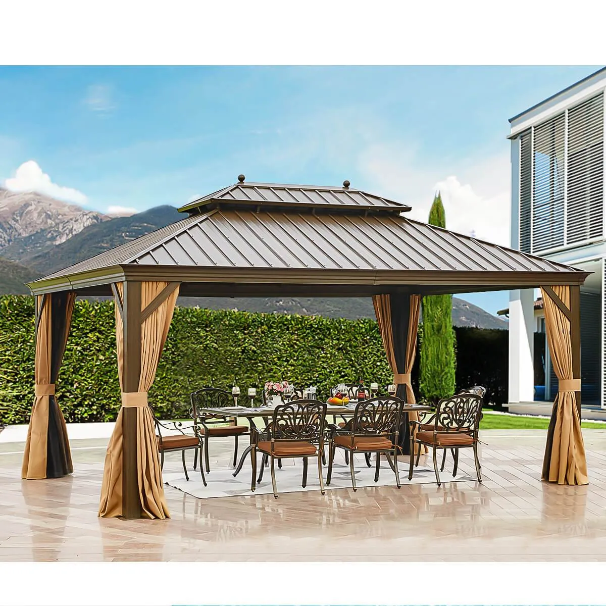 12'x16' Hardtop Gazebo Galvanized Steel Double-Roof Pergola w/ Netting Curtain