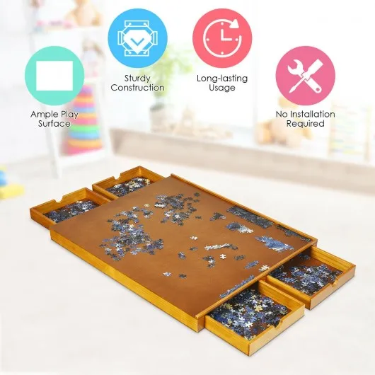 1500 Pcs Wooden Jigsaw Puzzle Table with 4 Drawers-Wood