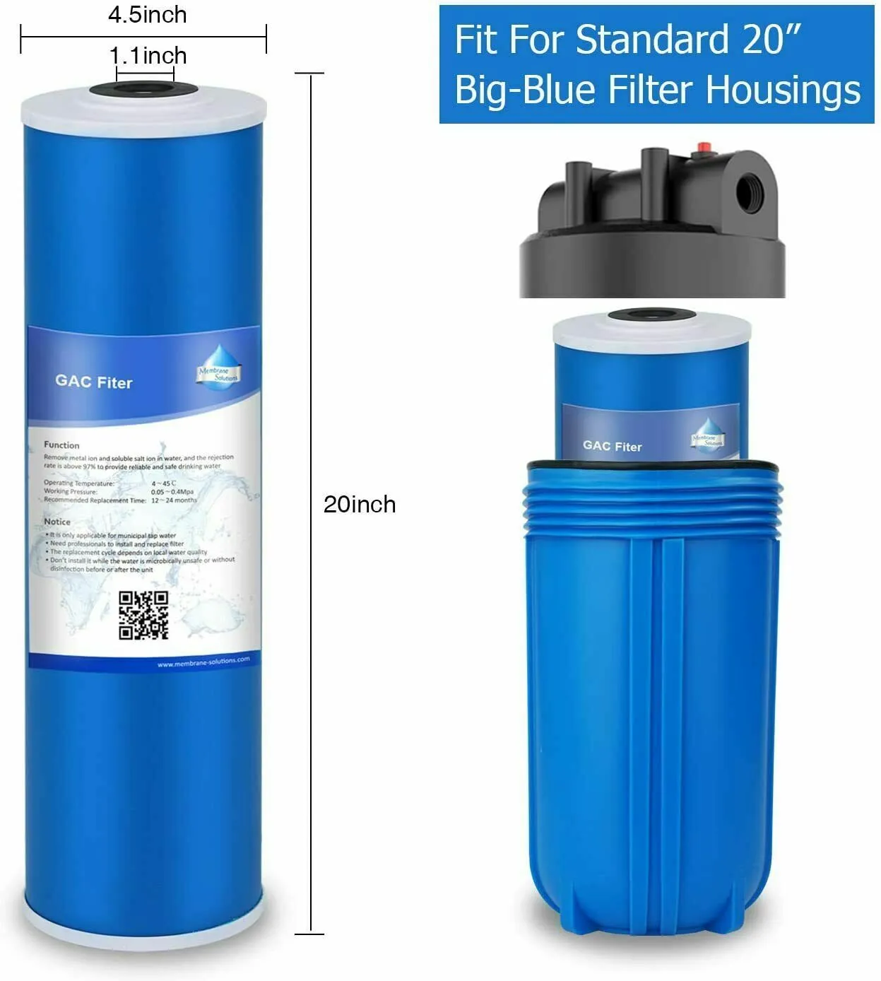 20"x4.5" 5 Micron Big Blue GAC Granular Carbon Water Filter Replacement