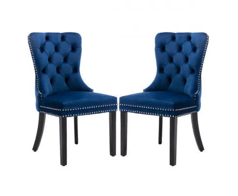 2x Velvet Dining Chairs Upholstered Tufted Kithcen Chair with Solid Wood Legs Stud Trim and Ring-Blue