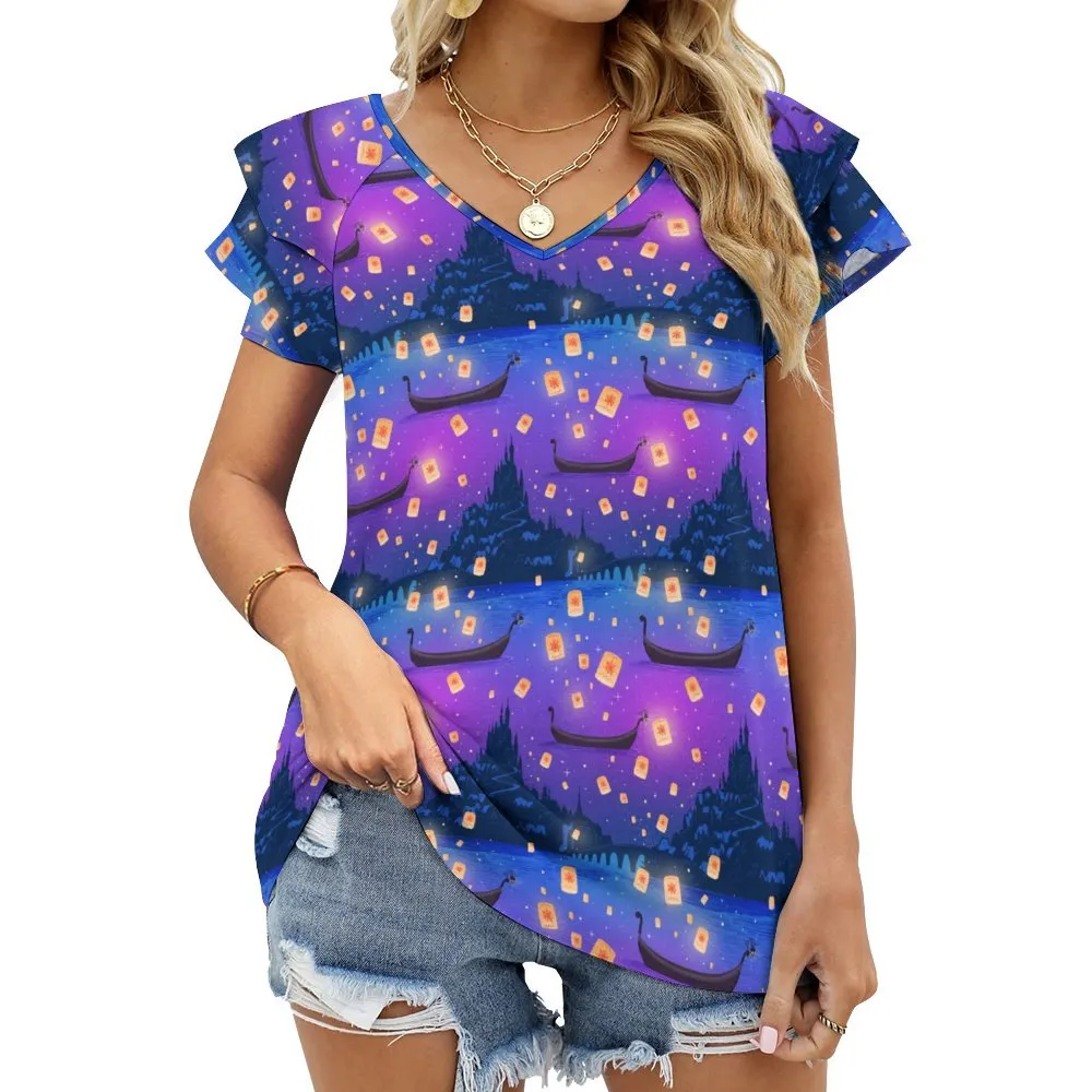 Disney Tangled Rapunzel Floating Lanterns Women's Ruffle Sleeve V-Neck T-Shirt