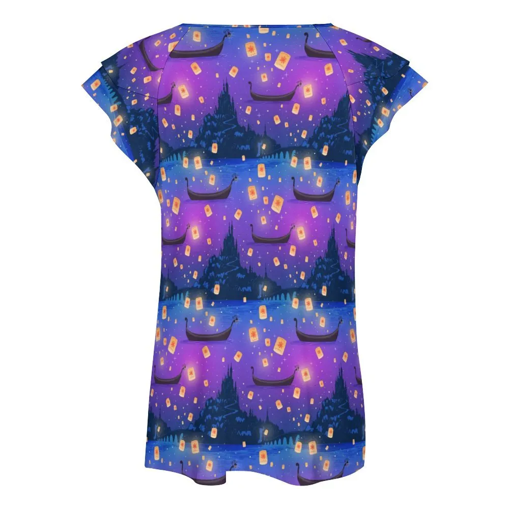 Disney Tangled Rapunzel Floating Lanterns Women's Ruffle Sleeve V-Neck T-Shirt