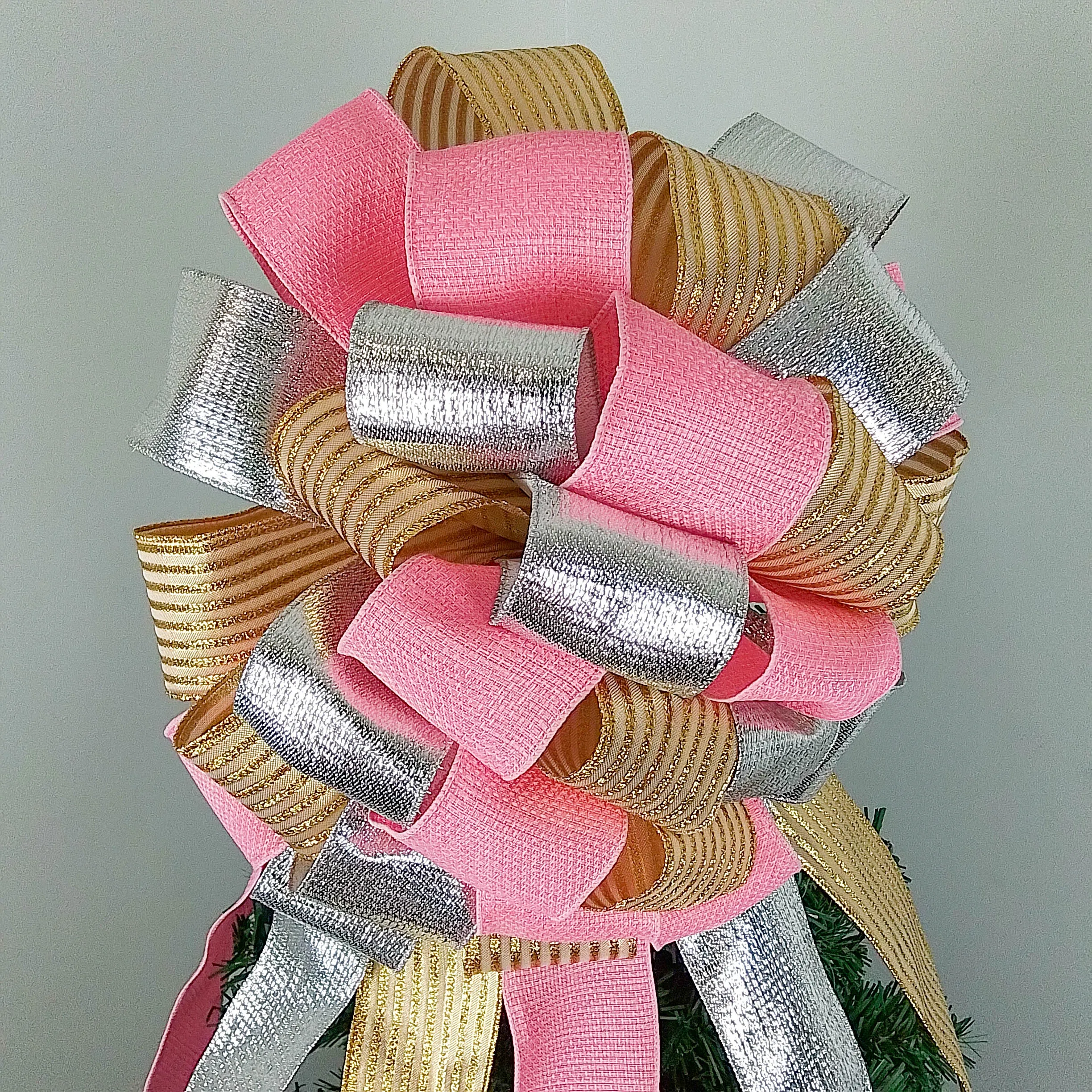 Gold, Silver and Pink Tree Bow, Non-Traditional Christmas Decor, Versatile Indoor/Outdoor Ornament