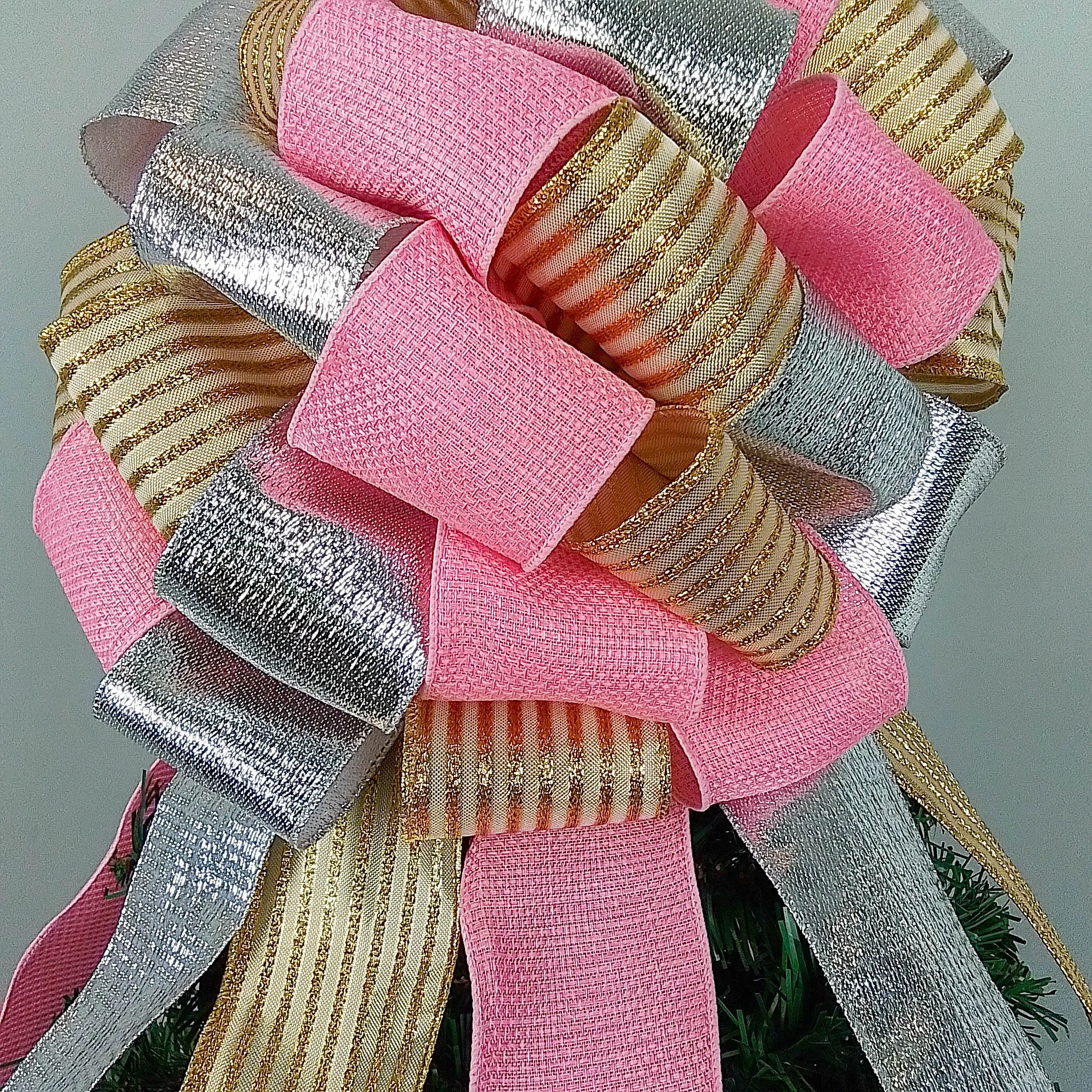 Gold, Silver and Pink Tree Bow, Non-Traditional Christmas Decor, Versatile Indoor/Outdoor Ornament