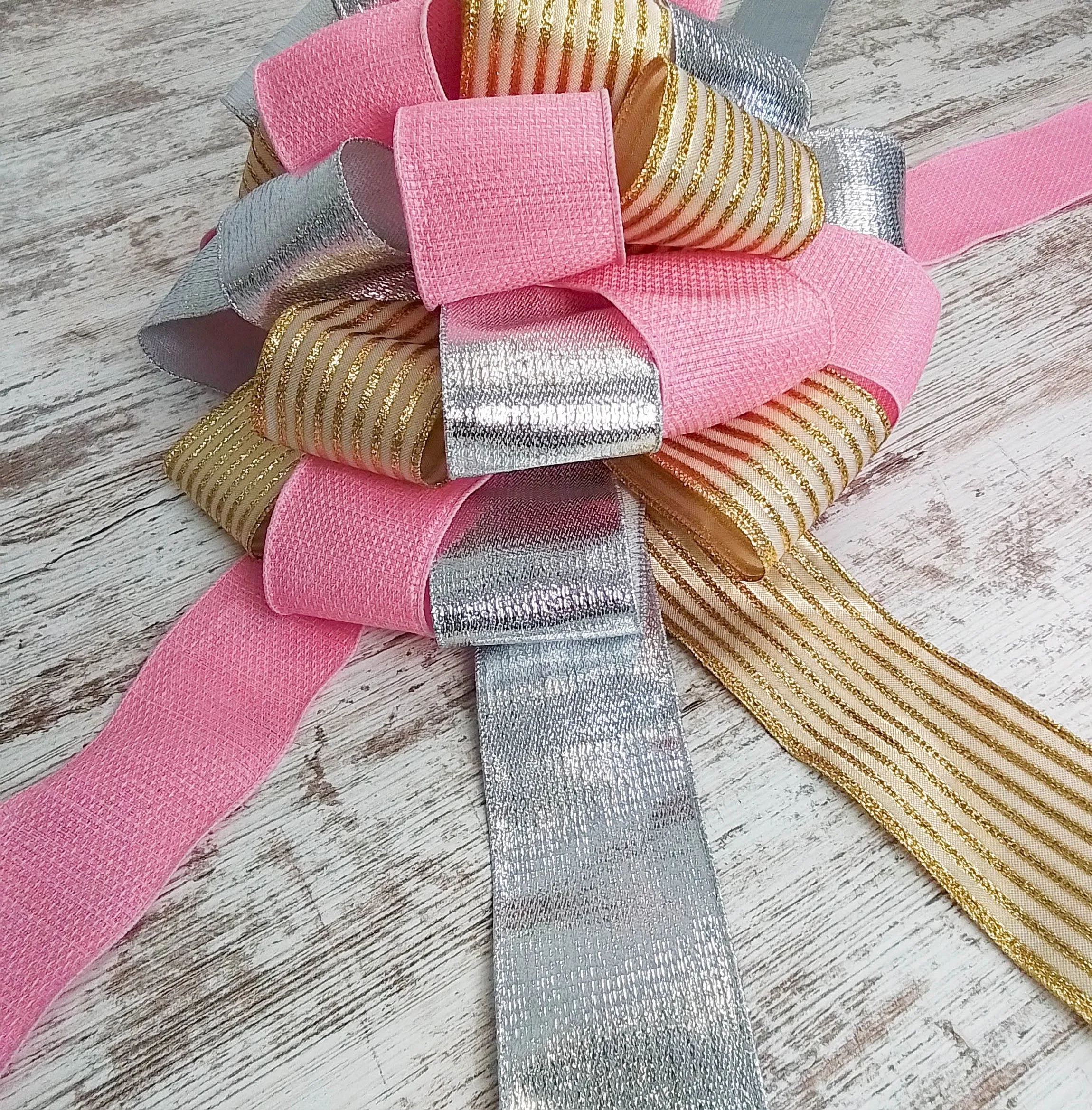 Gold, Silver and Pink Tree Bow, Non-Traditional Christmas Decor, Versatile Indoor/Outdoor Ornament