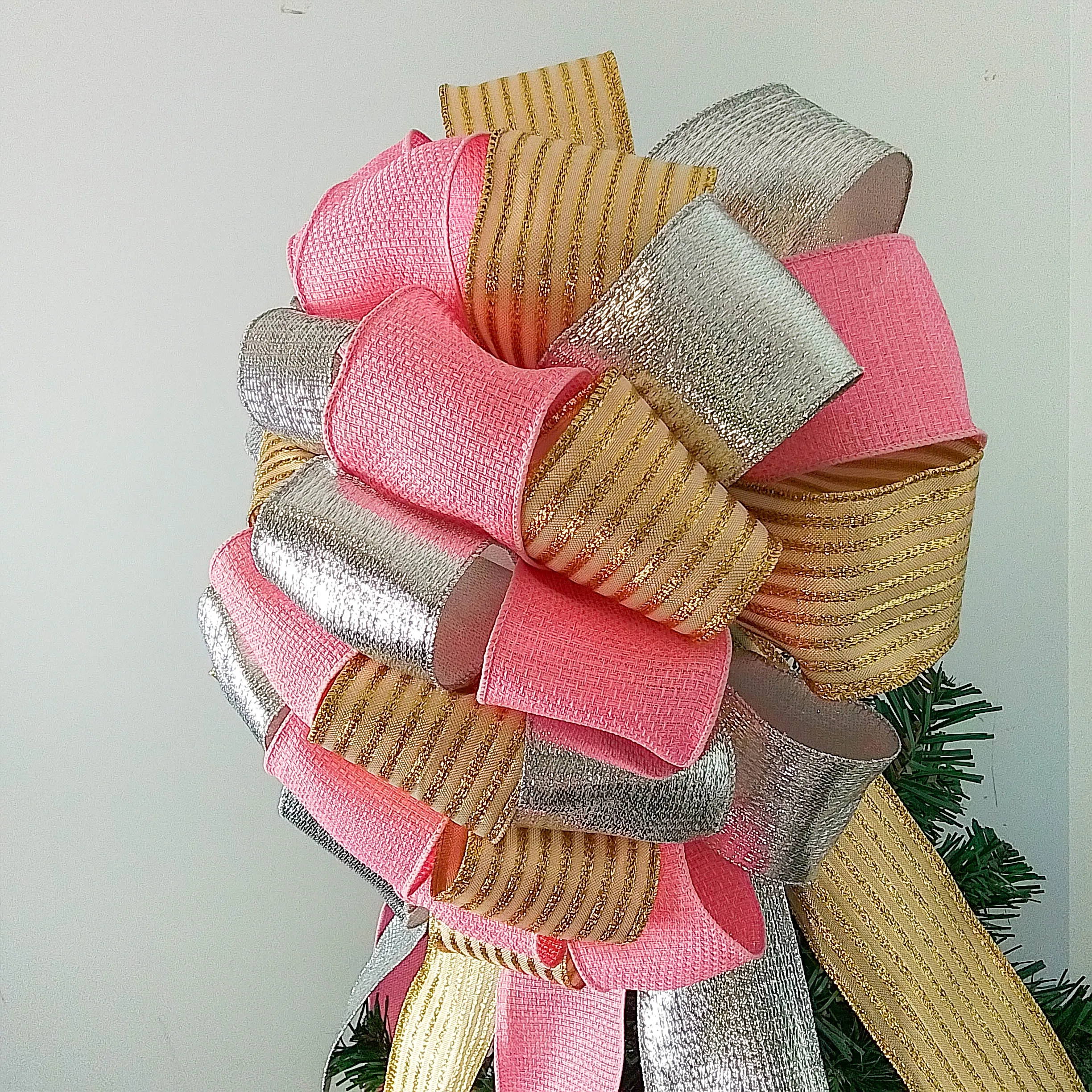 Gold, Silver and Pink Tree Bow, Non-Traditional Christmas Decor, Versatile Indoor/Outdoor Ornament