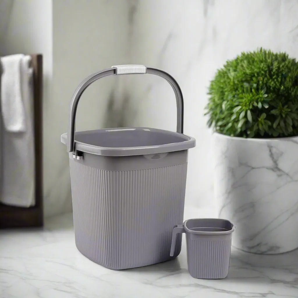 Grey Square Rimmy Plastic Bucket And Mug Set Of 2 For Bathroom