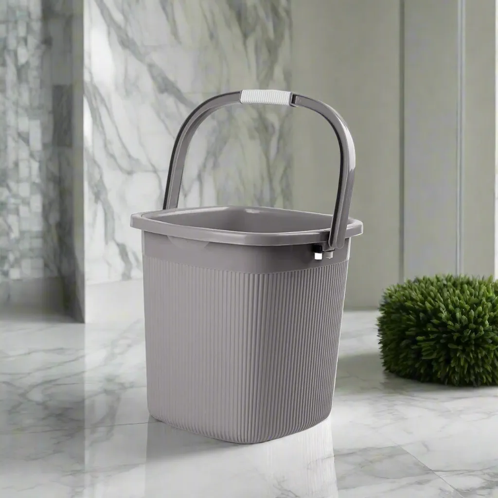 Grey Square Rimmy Plastic Bucket And Mug Set Of 2 For Bathroom