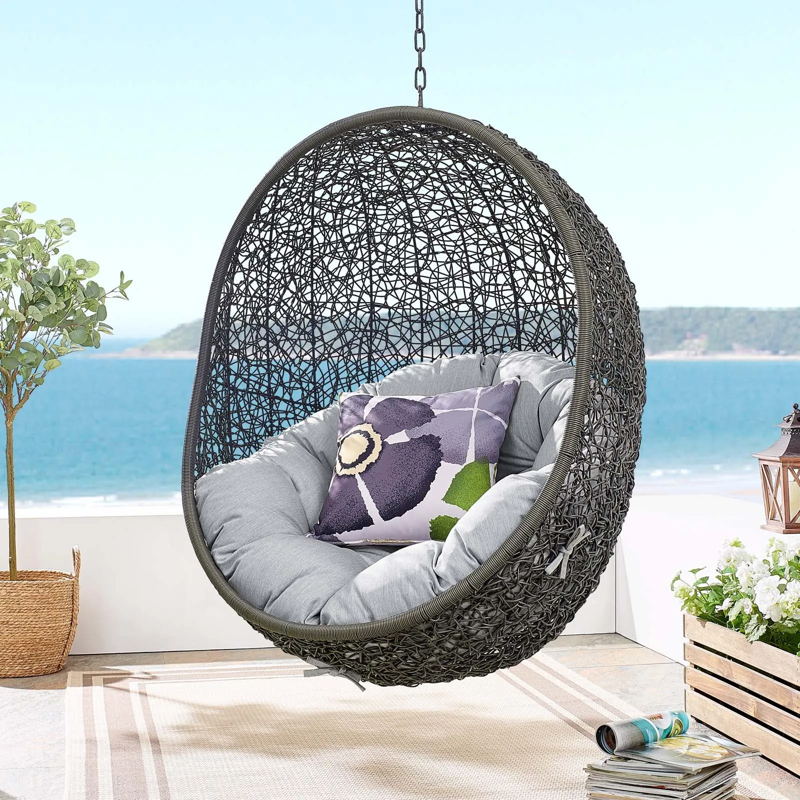 Hide Outdoor Patio Sunbrella® Swing Chair With Stand Gray Gray EEI-3929-GRY-GRY