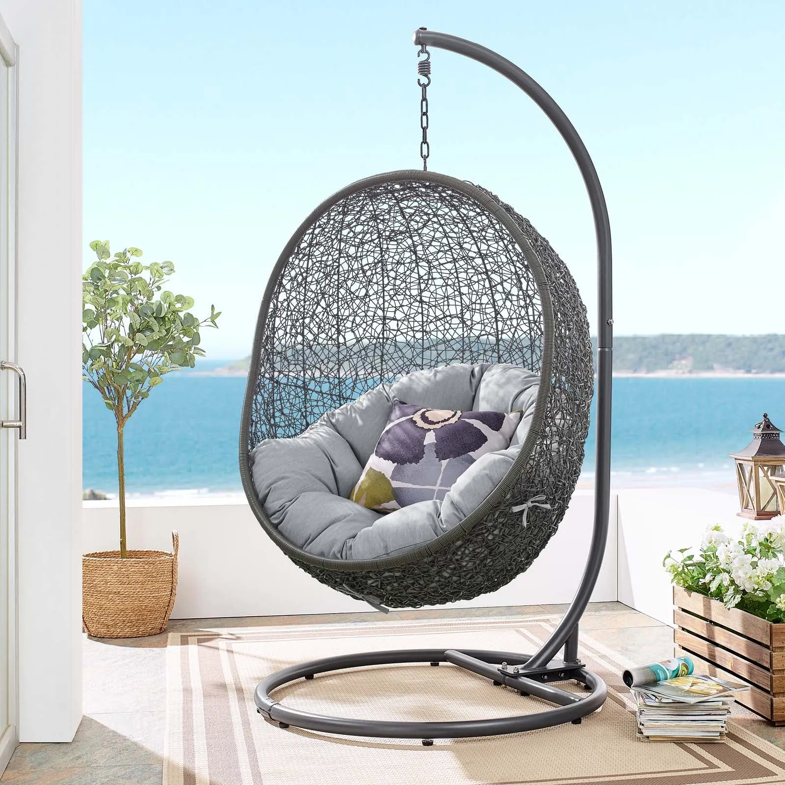 Hide Outdoor Patio Sunbrella® Swing Chair With Stand Gray Gray EEI-3929-GRY-GRY