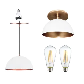 Matte White & Gold Pendant and Semi-Flush Mount Lighting Bundle with Vintage Edison LED Bulbs