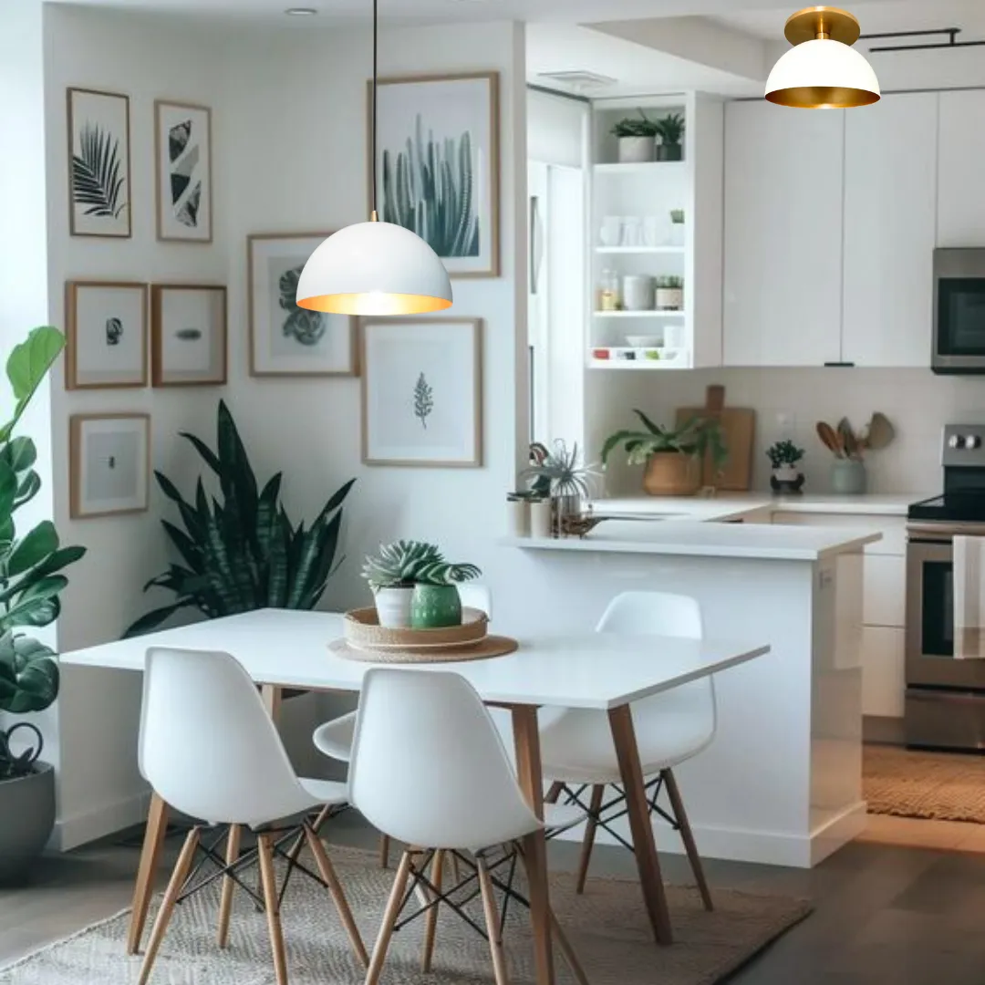 Matte White & Gold Pendant and Semi-Flush Mount Lighting Bundle with Vintage Edison LED Bulbs