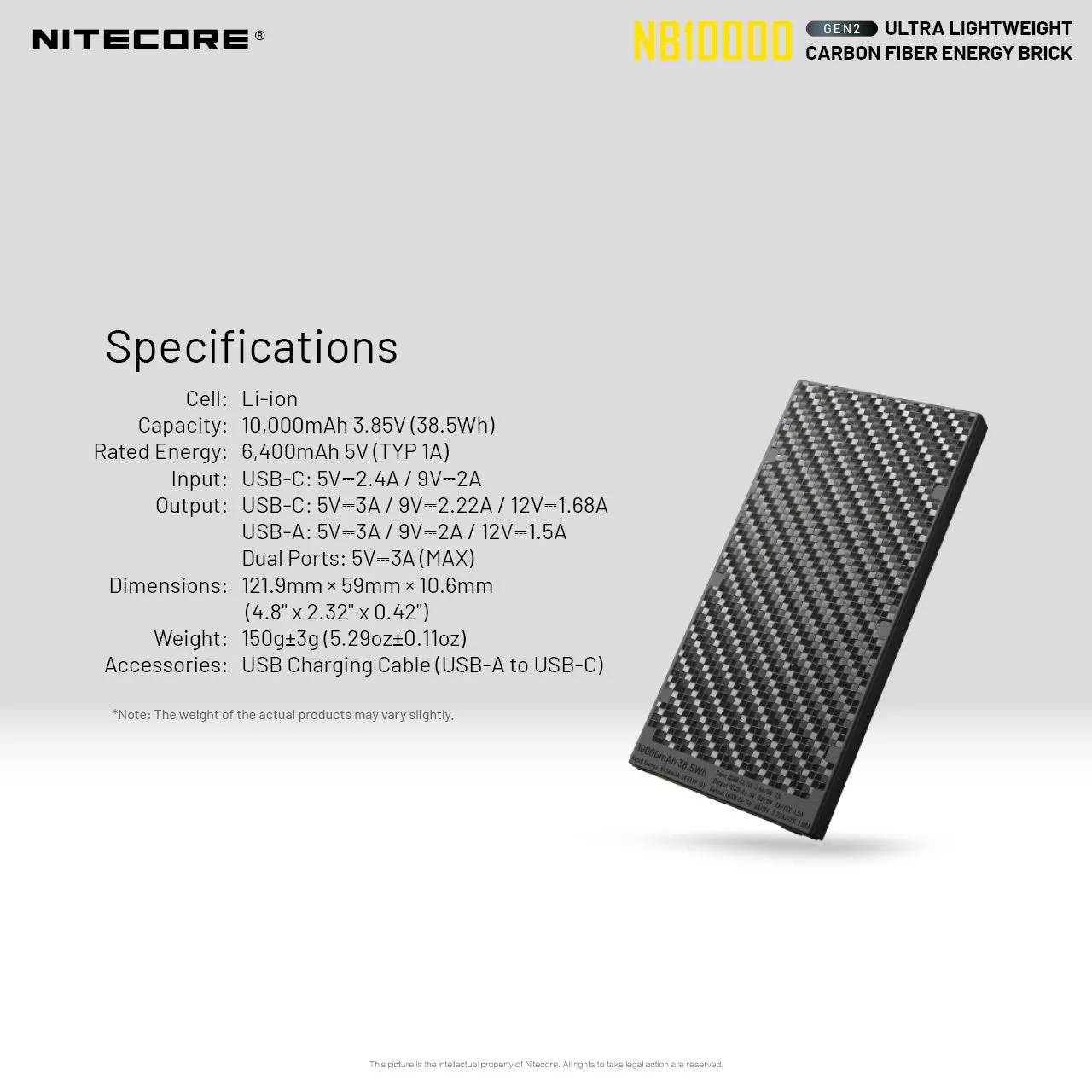 Nitecore NB10000 GEN2 Ultralight Carbon Fiber Energy Brick 10,000 mAh Mobile Power Bank