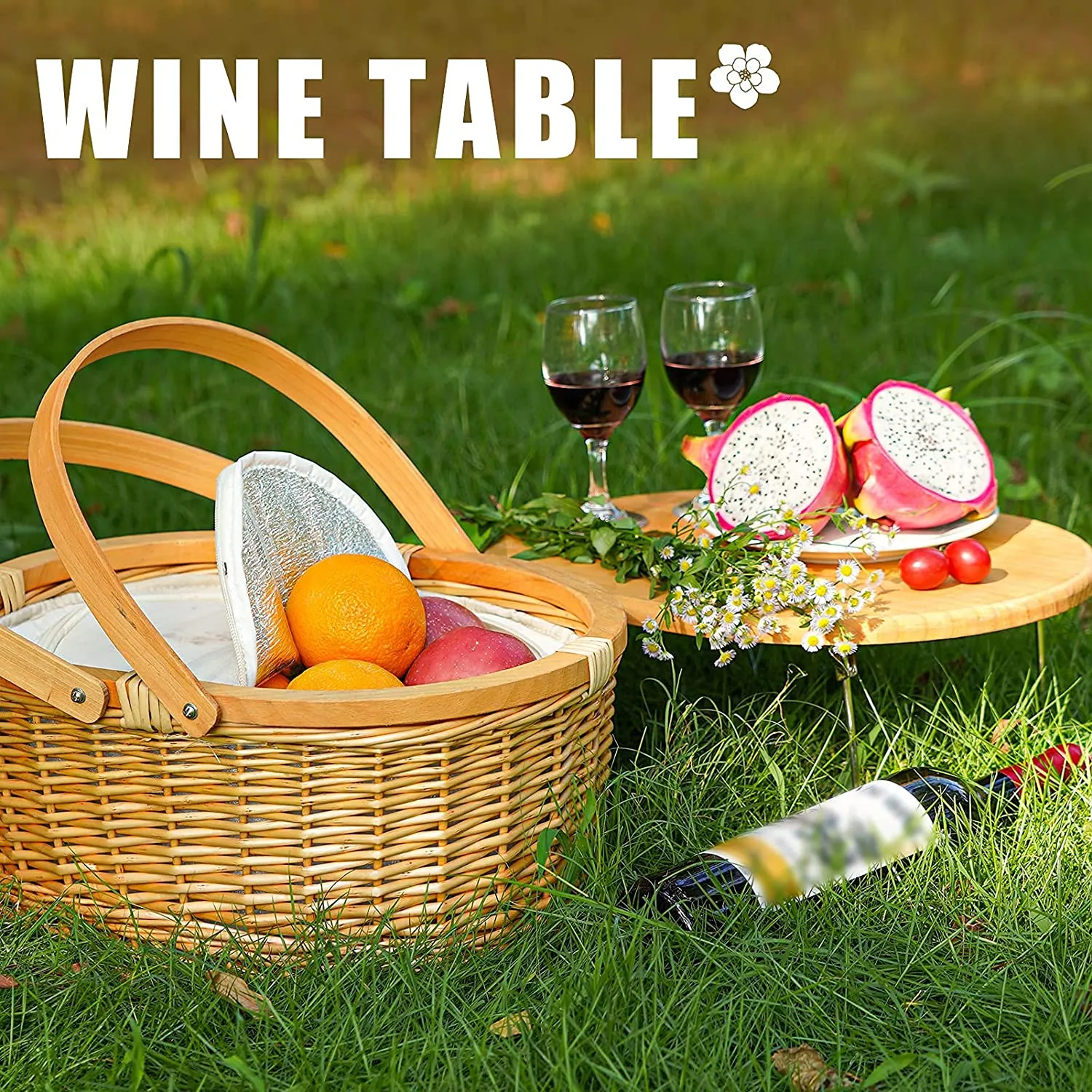 Picnic Basket Cooler with Portable Picnic Wine Table & Swing Handles