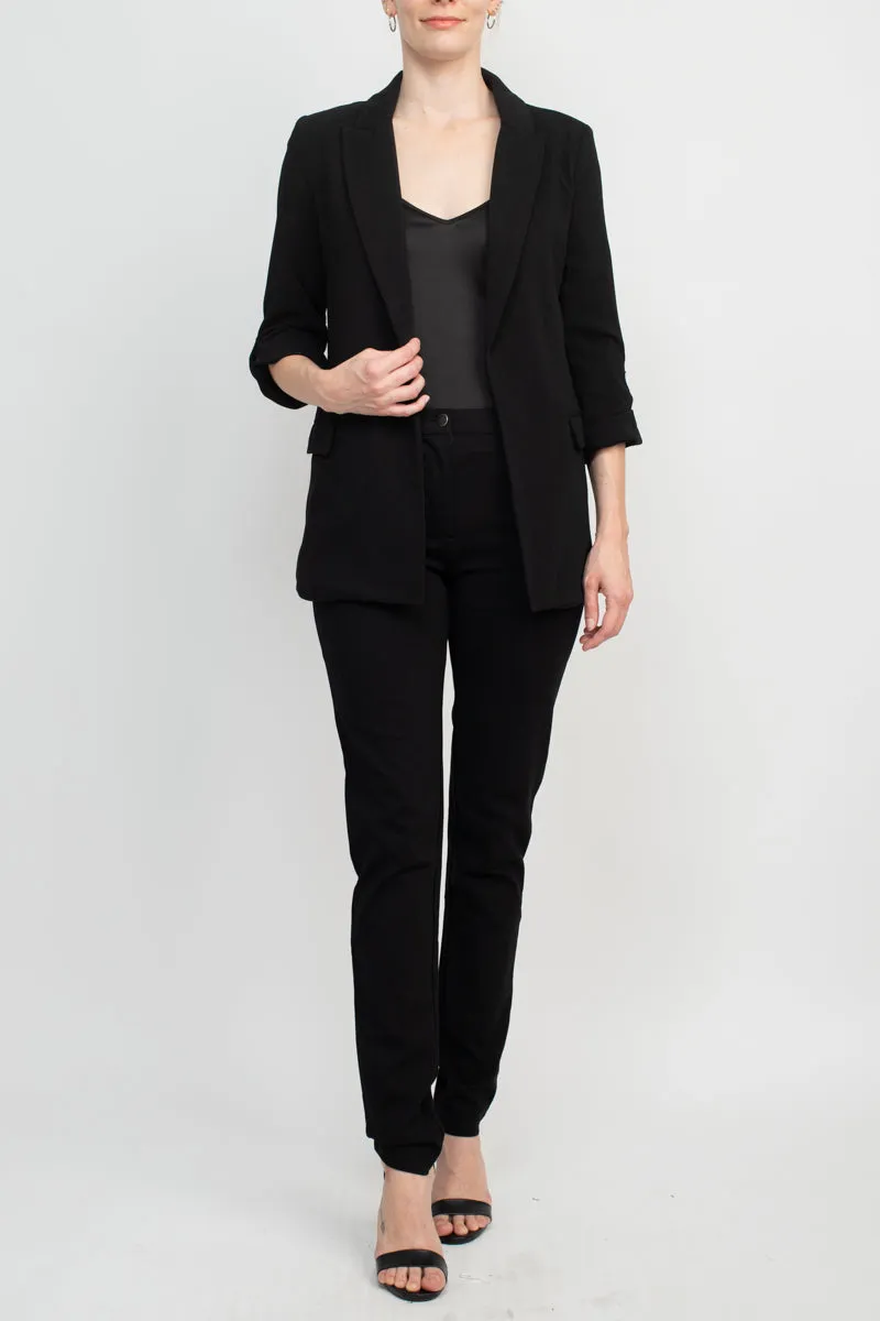 Tahari Lapel Collar 3/4 Roll Sleeve Open Front Woven Jacket