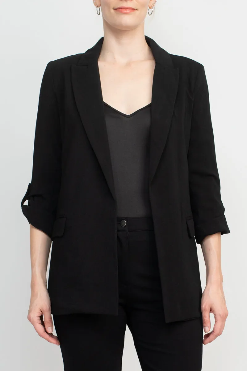 Tahari Lapel Collar 3/4 Roll Sleeve Open Front Woven Jacket