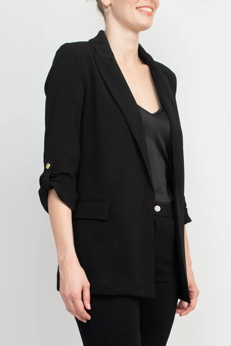 Tahari Lapel Collar 3/4 Roll Sleeve Open Front Woven Jacket