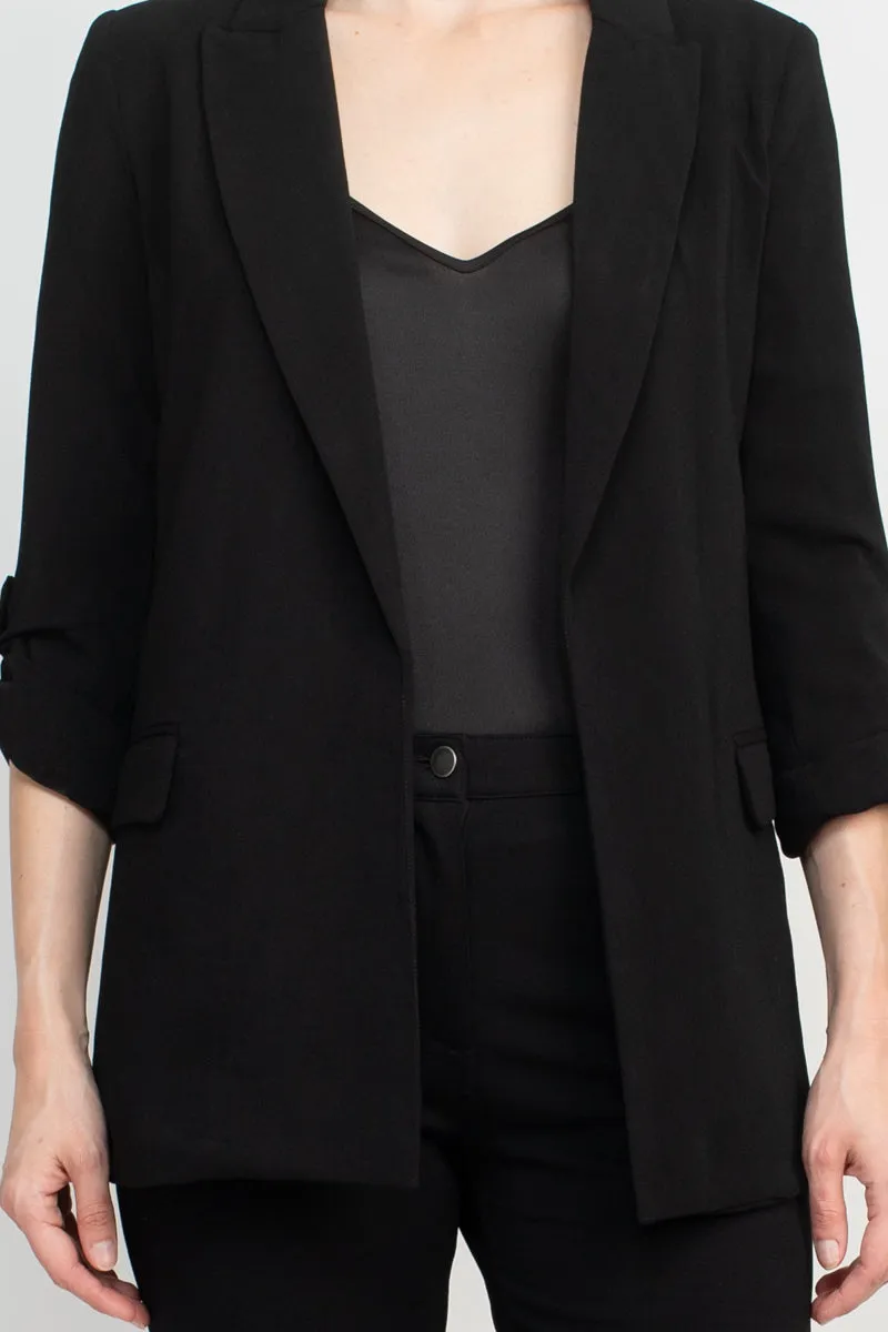 Tahari Lapel Collar 3/4 Roll Sleeve Open Front Woven Jacket