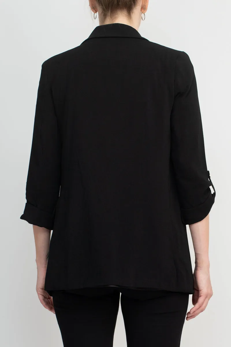 Tahari Lapel Collar 3/4 Roll Sleeve Open Front Woven Jacket